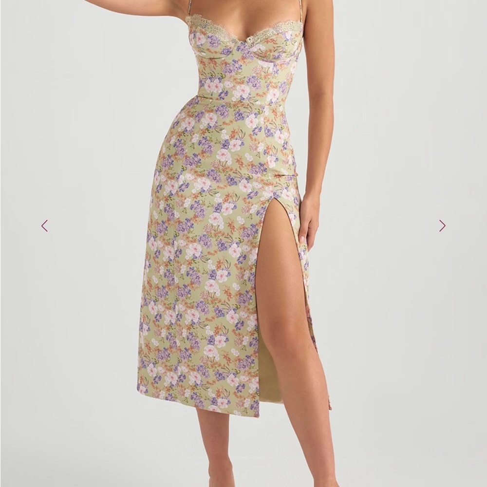 House of CB Floral Lace-Trim Midi Slip Dress in Yellow